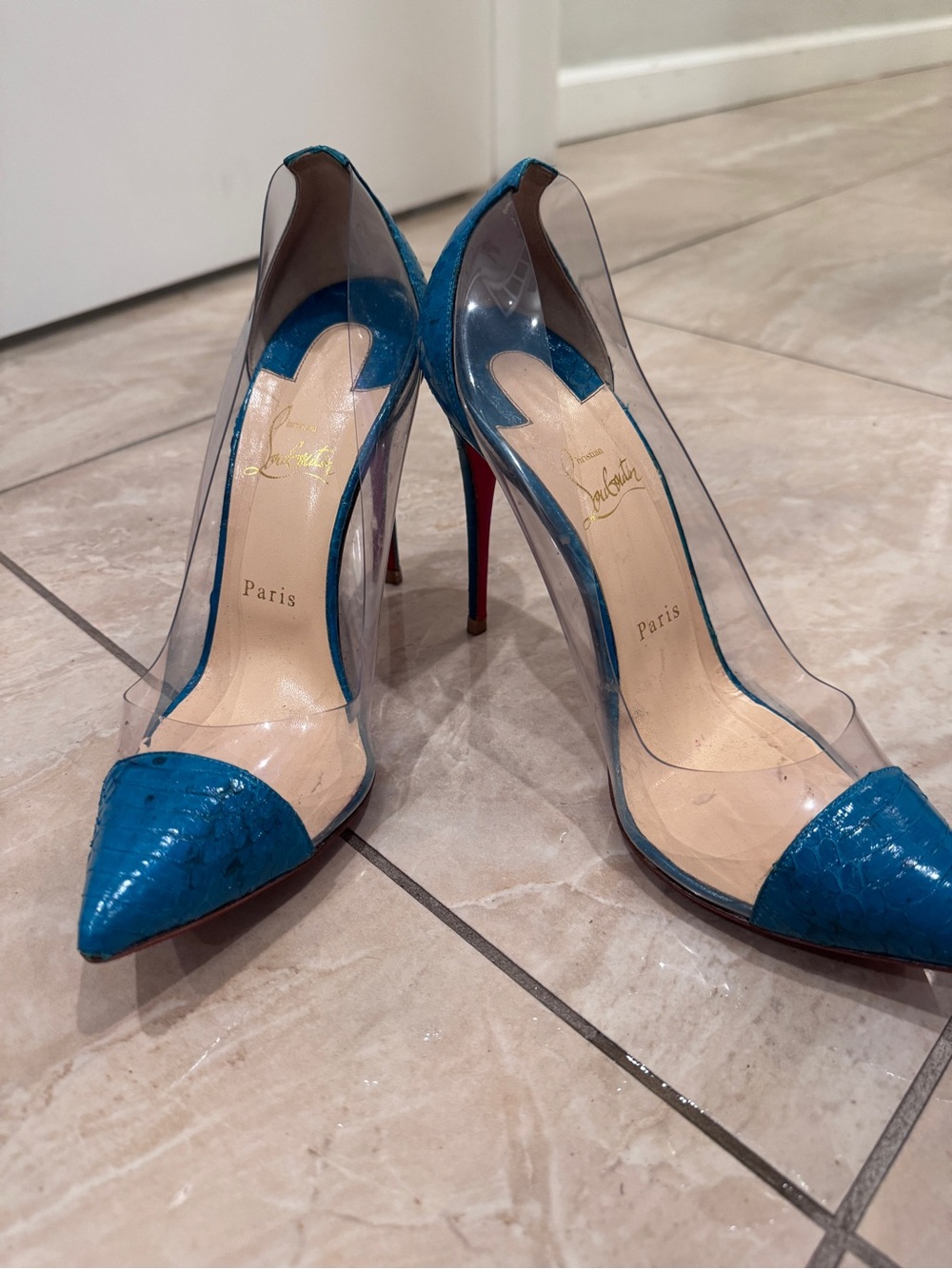 Christian Louboutin Teal Blue PVC Pointed-Toe Pumps
